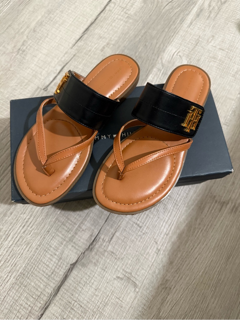 Tommy Hilfiger Black & Tan Leather Slide Sandals with Gold Logo